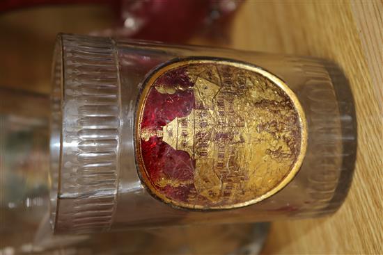 A Zwischengalt glass beaker, three ruby flashes spa beakers, four Bohemian glasses etc